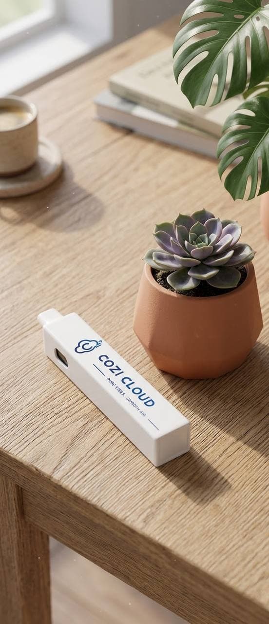 A Cozi Cloud diffuser resting on a sunlit wooden table beside a succulent and a cup of coffee